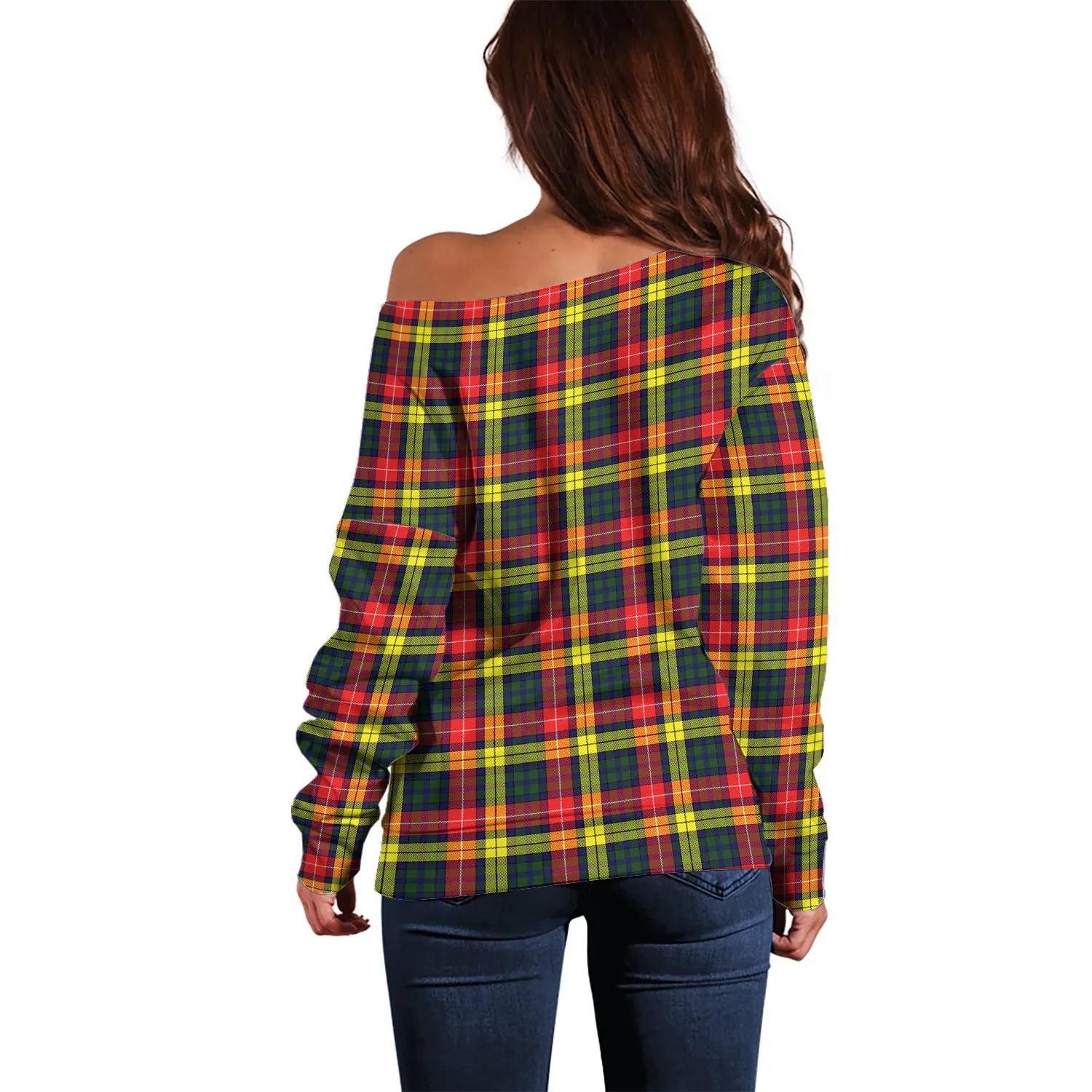 Buchanan Modern Tartan Off Shoulder Women Sweater with Family Crest