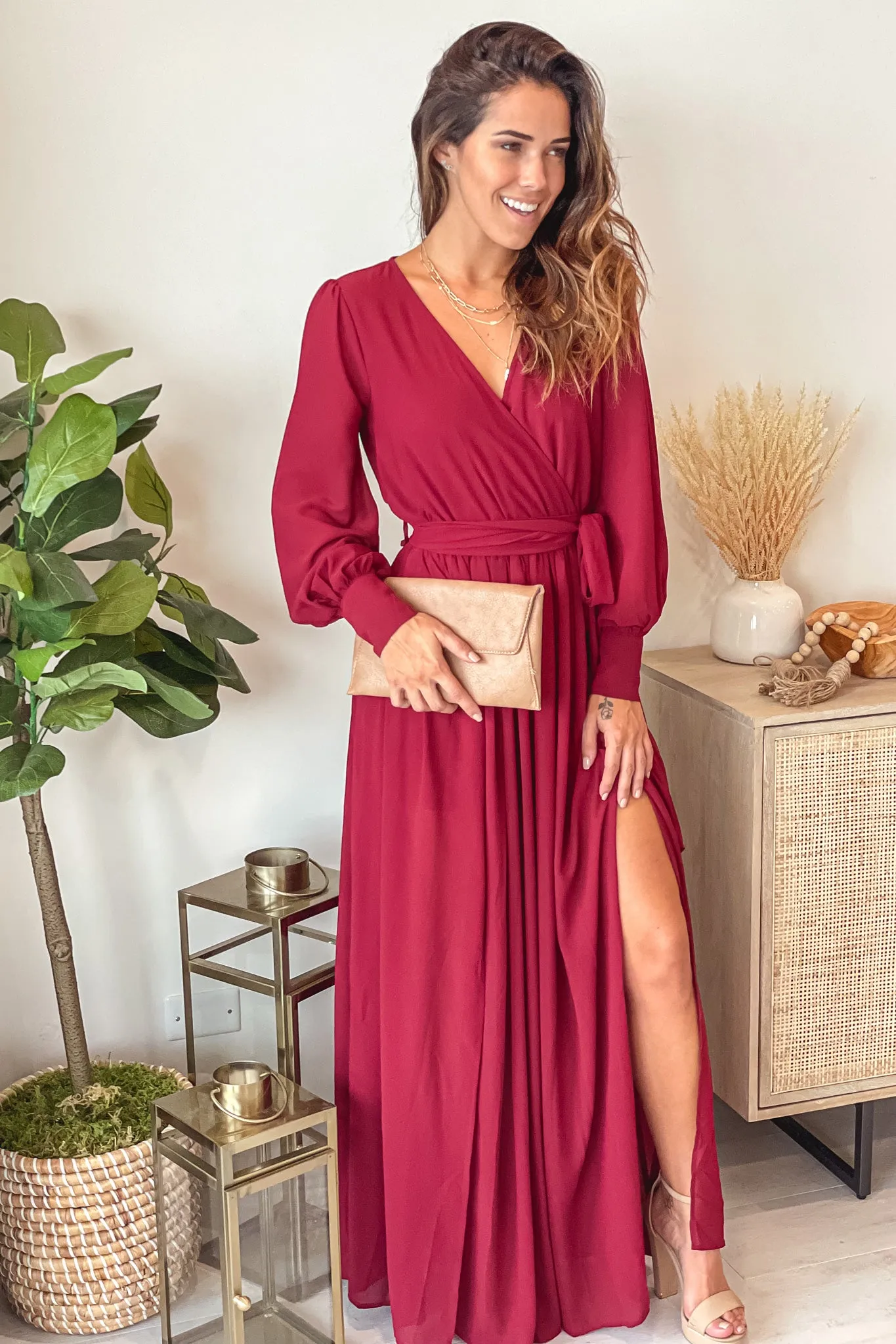 Burgundy Maxi Dress With Slit And Long Sleeves