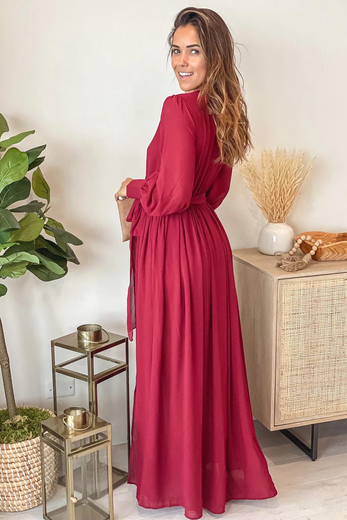 Burgundy Maxi Dress With Slit And Long Sleeves