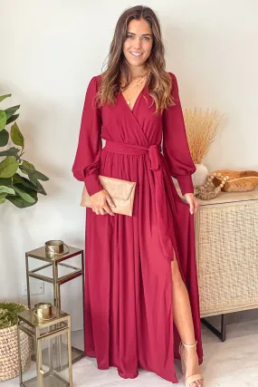 Burgundy Maxi Dress With Slit And Long Sleeves