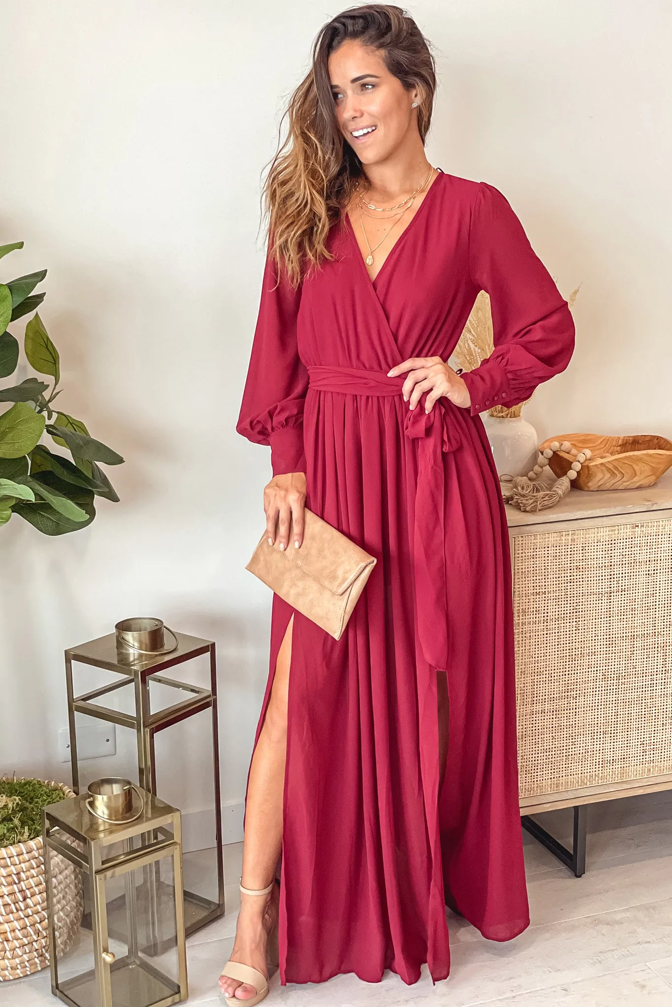 Burgundy Maxi Dress With Slit And Long Sleeves