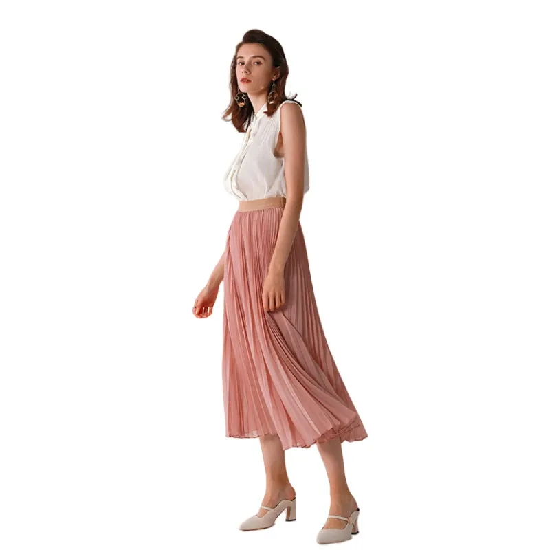 C042 Women solid chiffon full circle sunburst pleated midi casual skirt