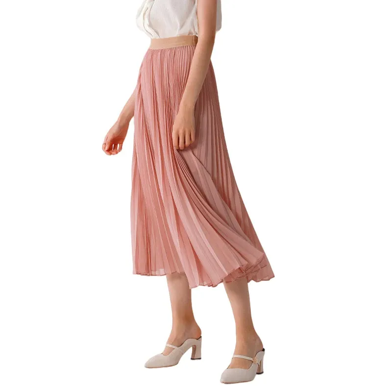 C042 Women solid chiffon full circle sunburst pleated midi casual skirt