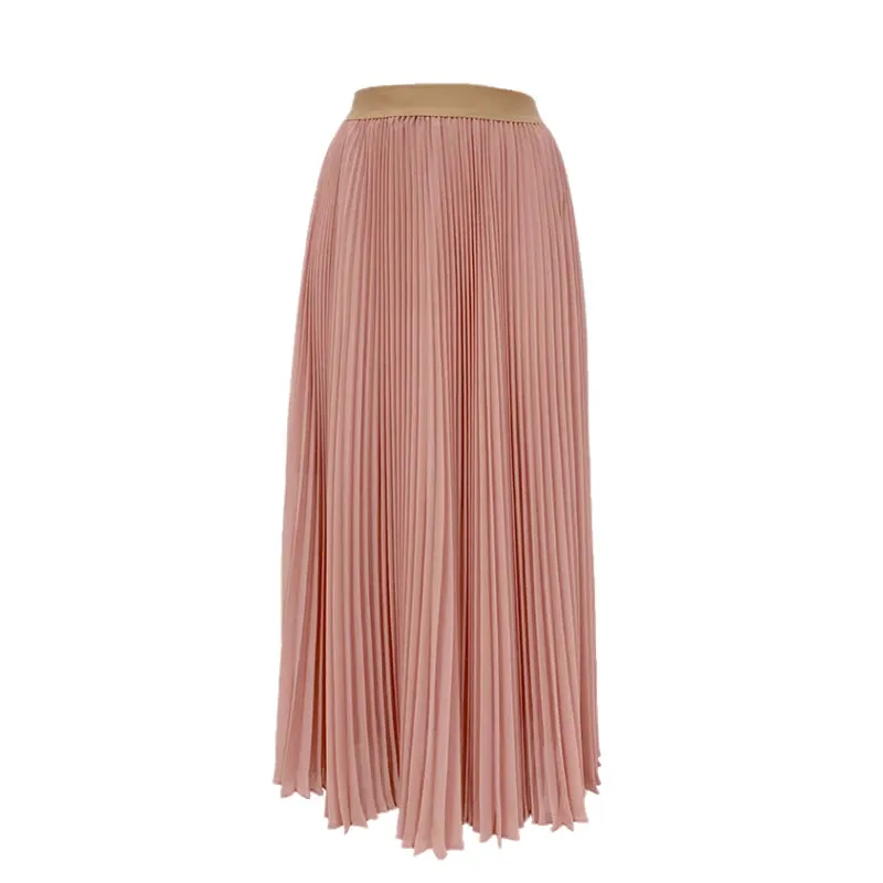 C042 Women solid chiffon full circle sunburst pleated midi casual skirt