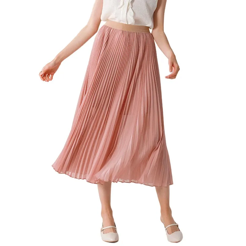 C042 Women solid chiffon full circle sunburst pleated midi casual skirt