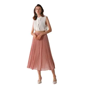 C042 Women solid chiffon full circle sunburst pleated midi casual skirt