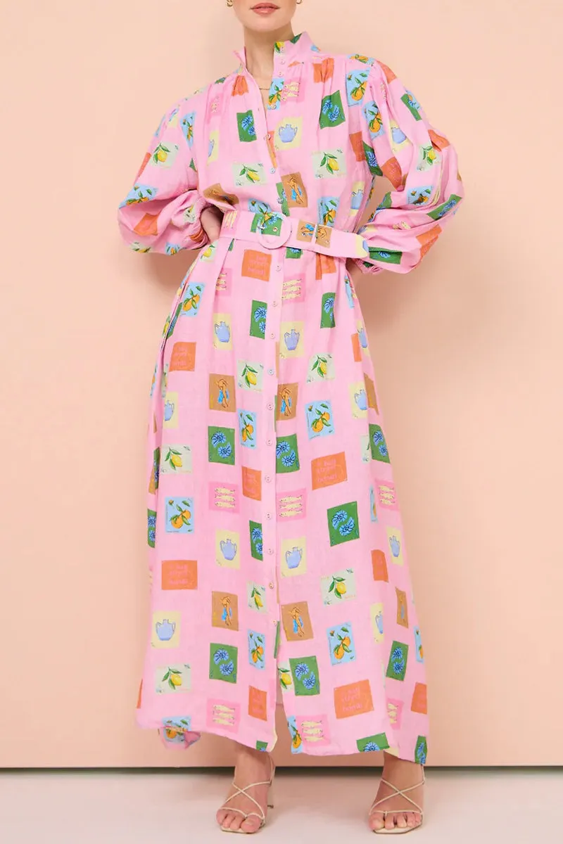 Casual Cartoon Print Pocket With Belt Half A Turtleneck Shirt Dress Dresses