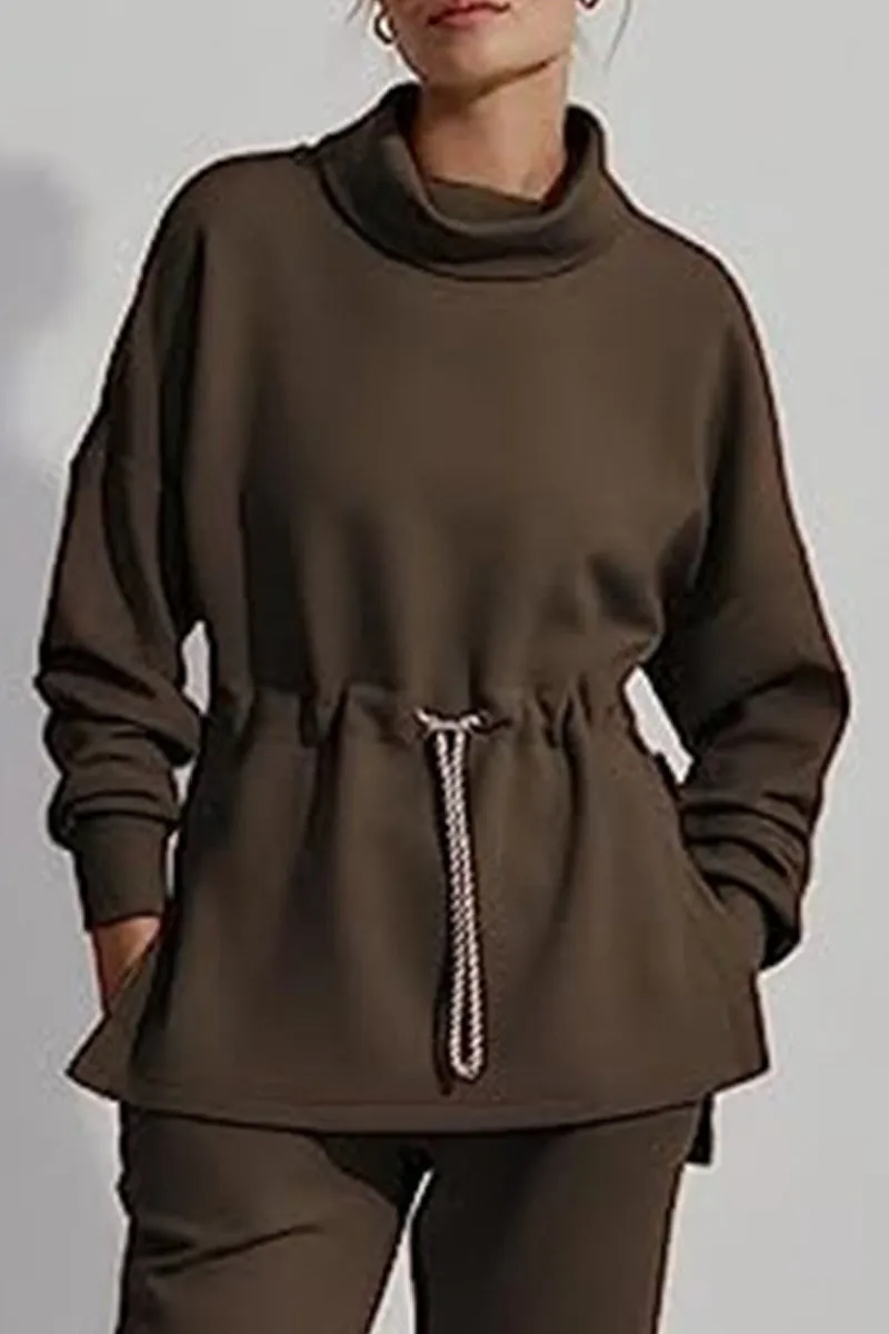 Casual Solid Draw String Half A Turtleneck Tops