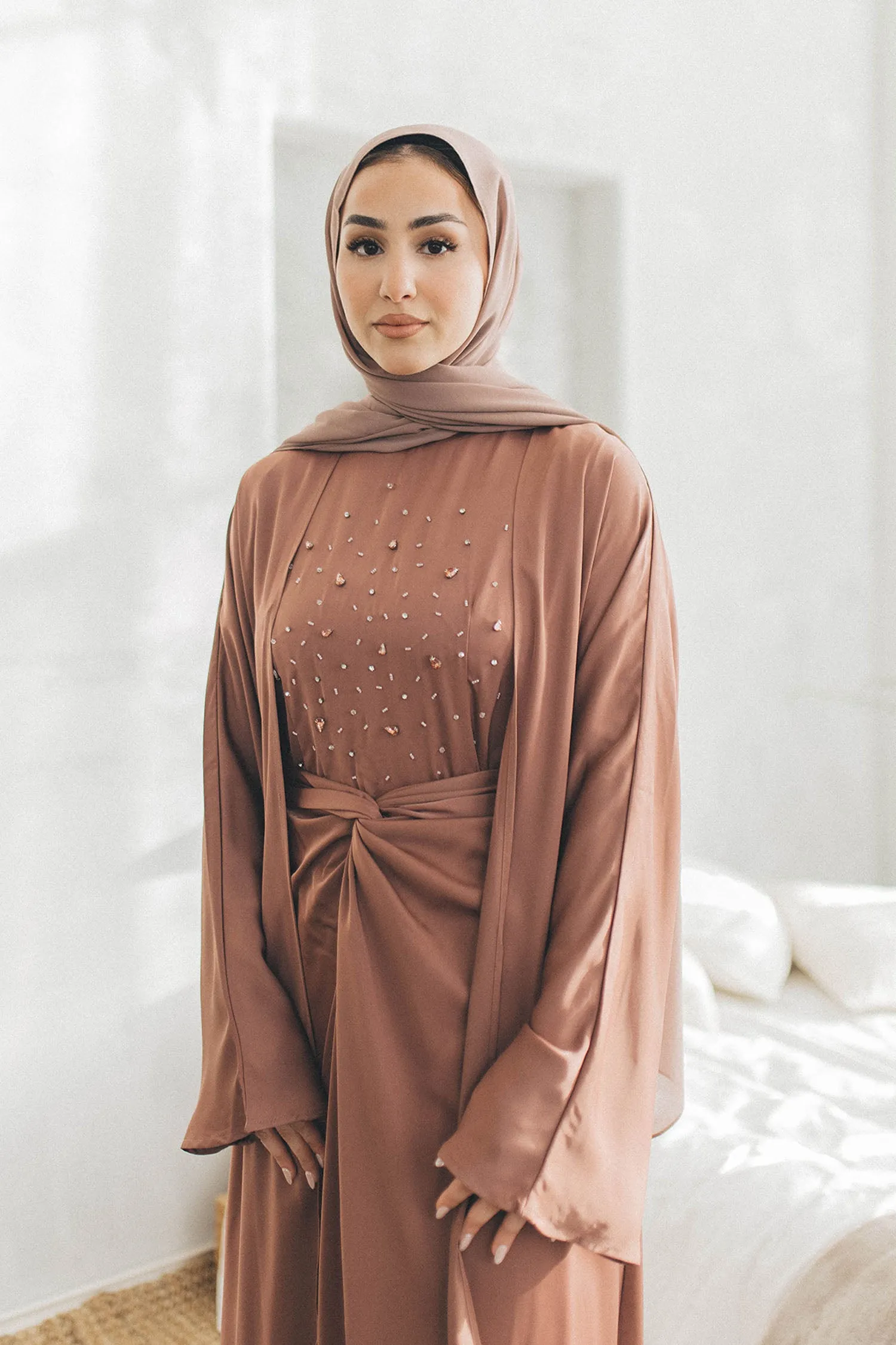 Celene Beaded Wrap Abaya Set- Nude Pink