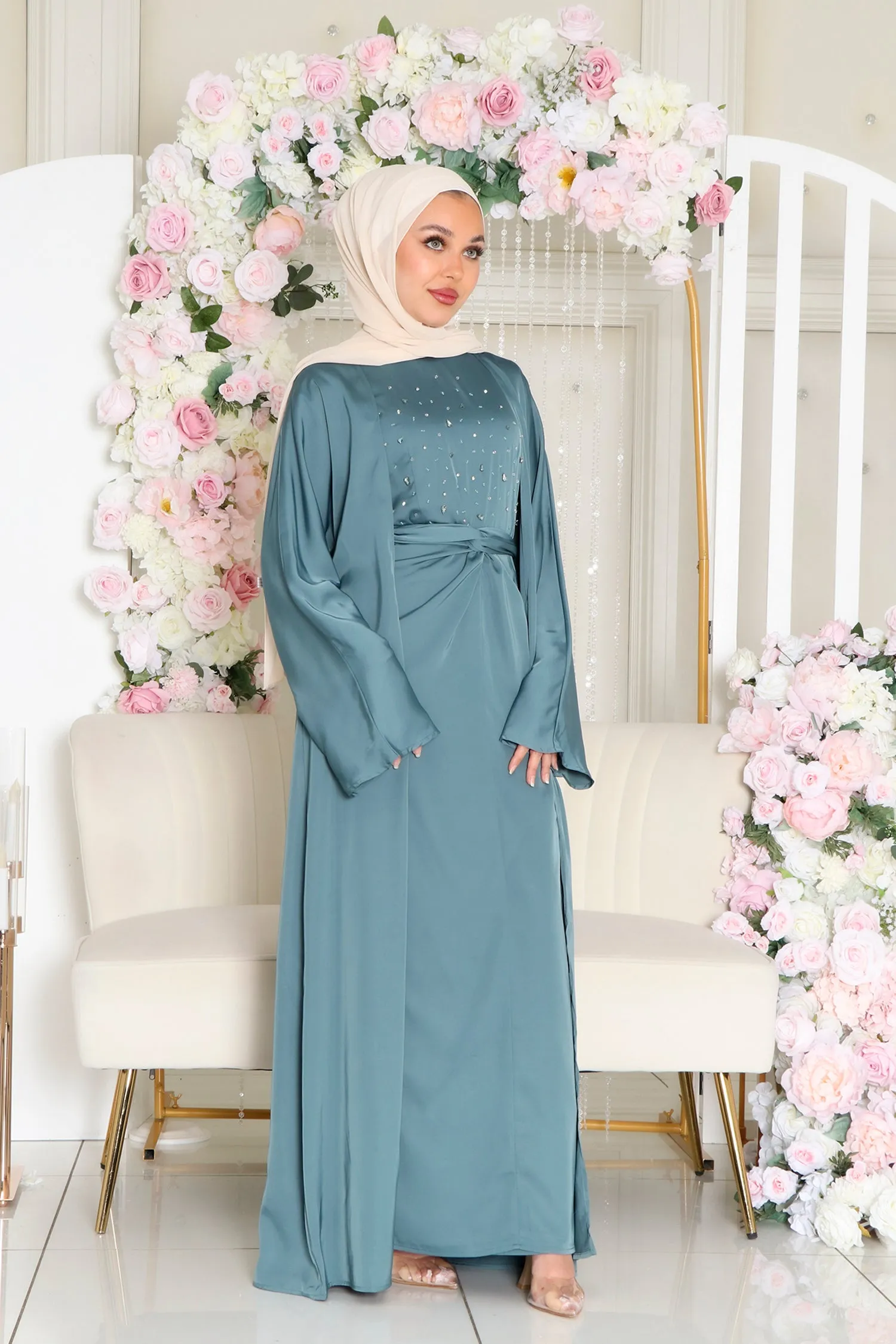 Celene Beaded Wrap Abaya Set- Teal