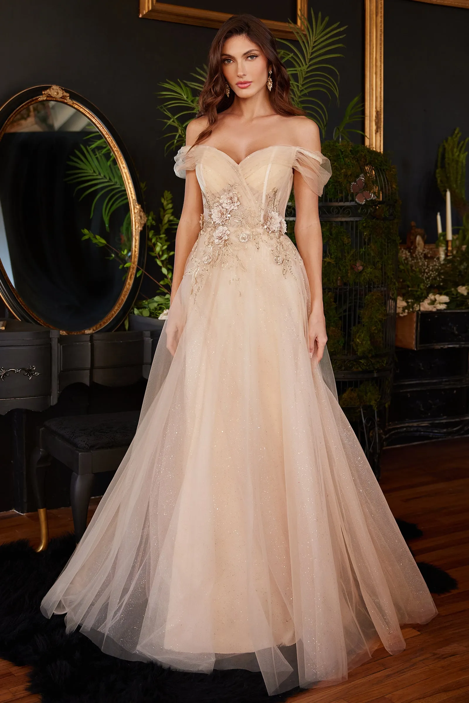 CINDERELLA DIVINE CD3395 Floral Off-Shoulder Tulle Gown