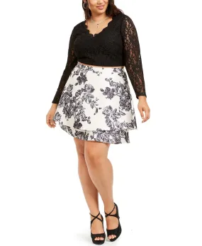 City Studios Women's Plus Size 2-Pc. Glitter Lace & Floral-Print Dress Black/Ivory Size 18