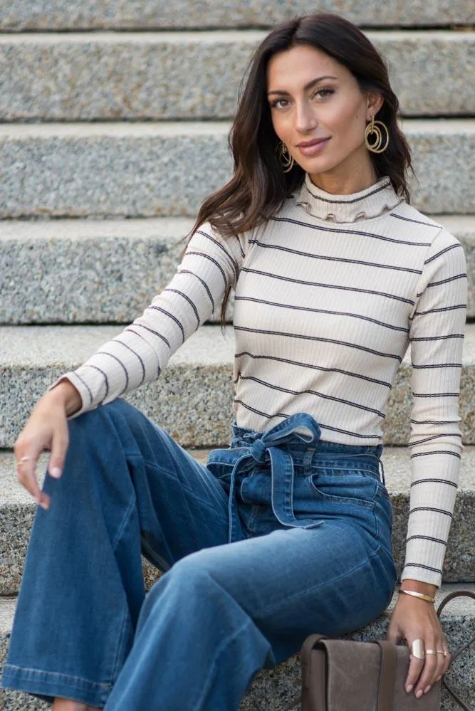 Clover Striped Turtle Neck Top in Taupe