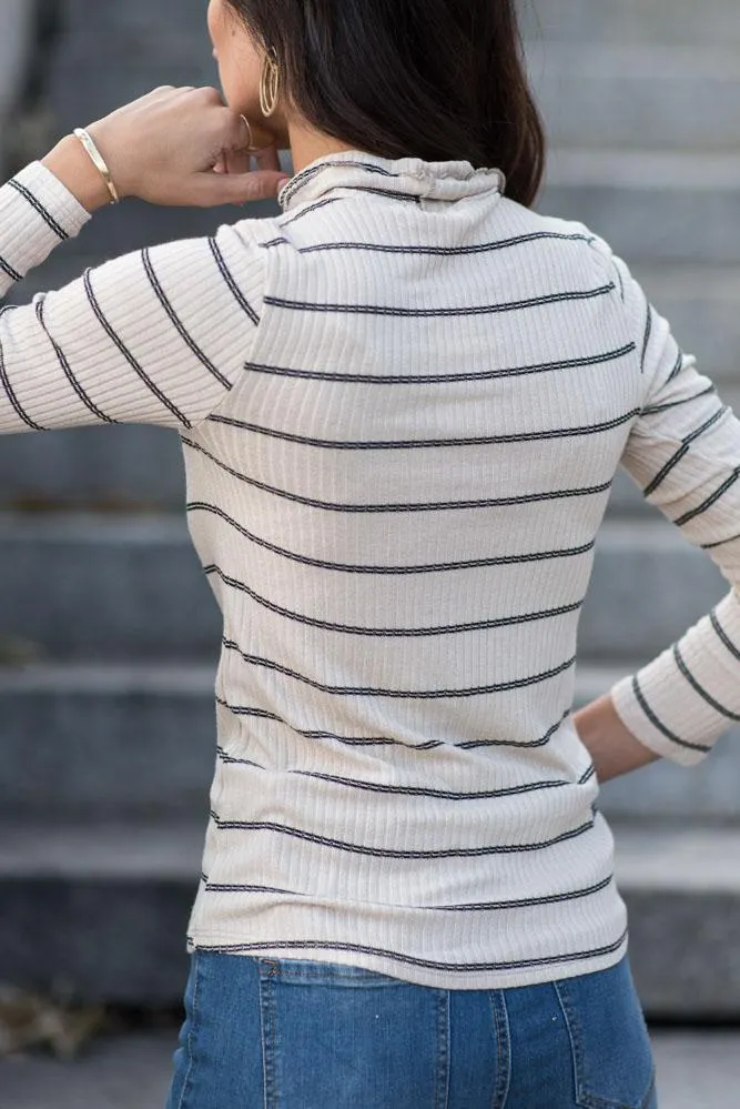 Clover Striped Turtle Neck Top in Taupe