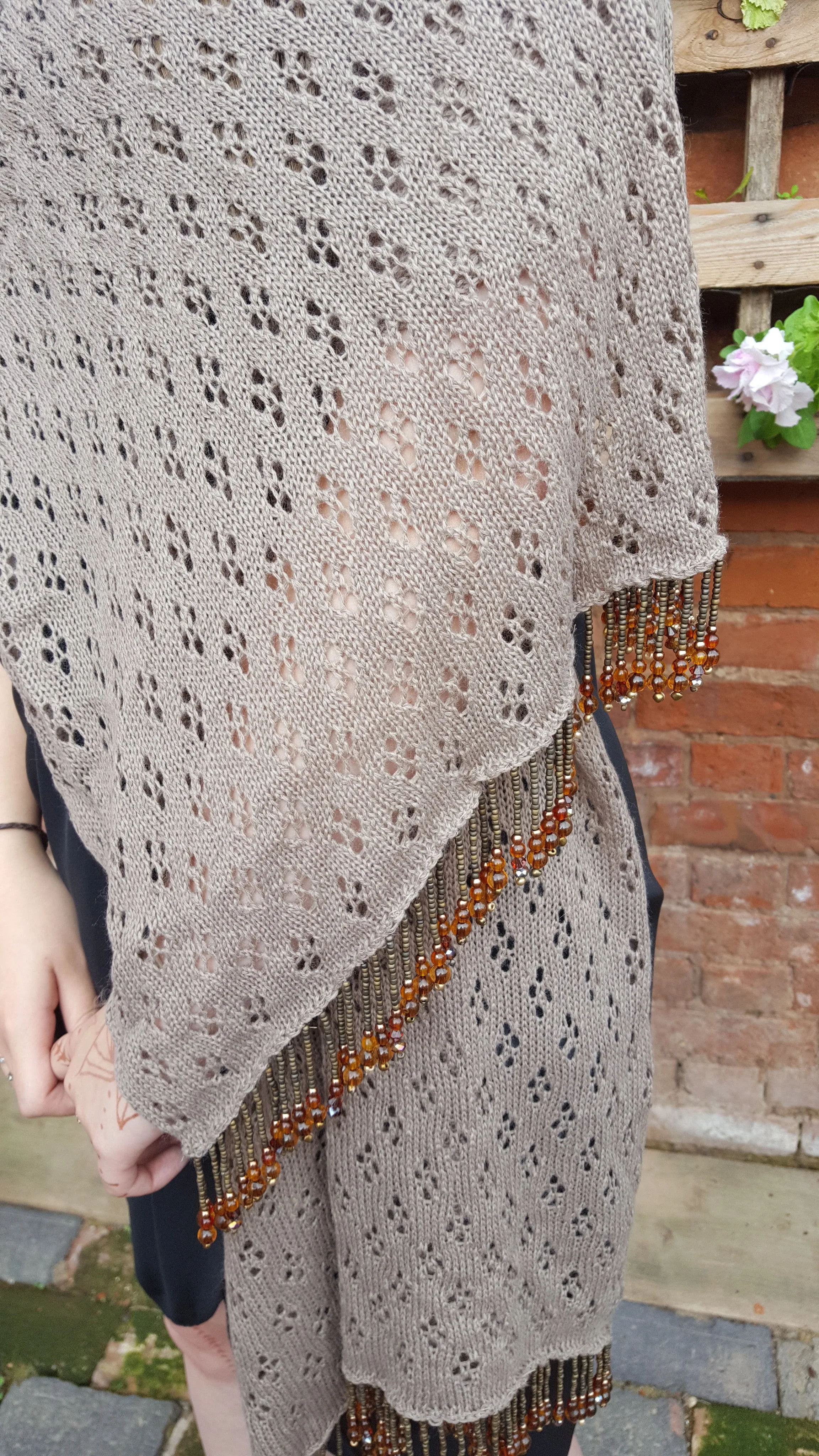 Coffee coloured acrylic lace, beaded pashmina, shawl or wrap