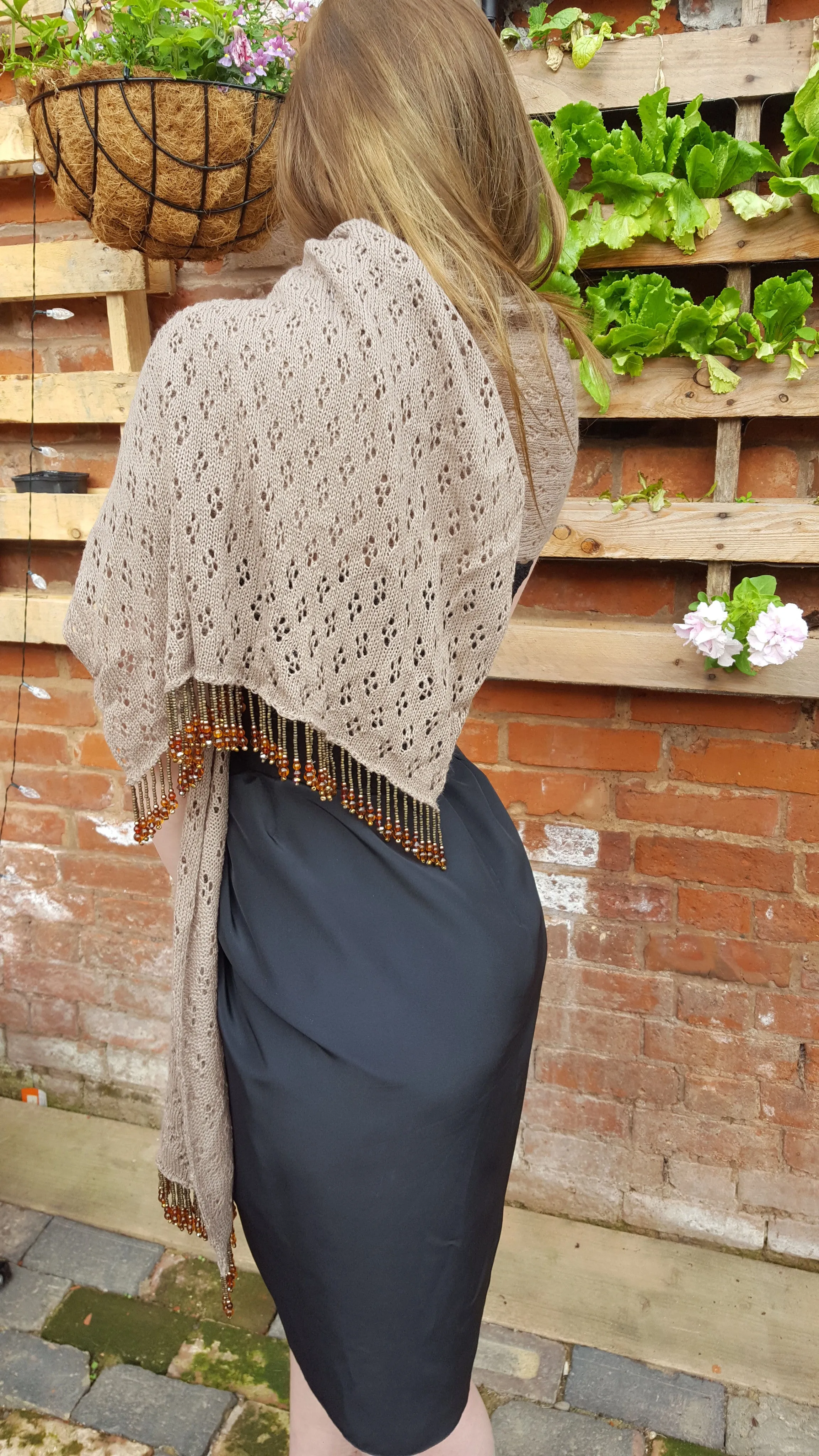 Coffee coloured acrylic lace, beaded pashmina, shawl or wrap