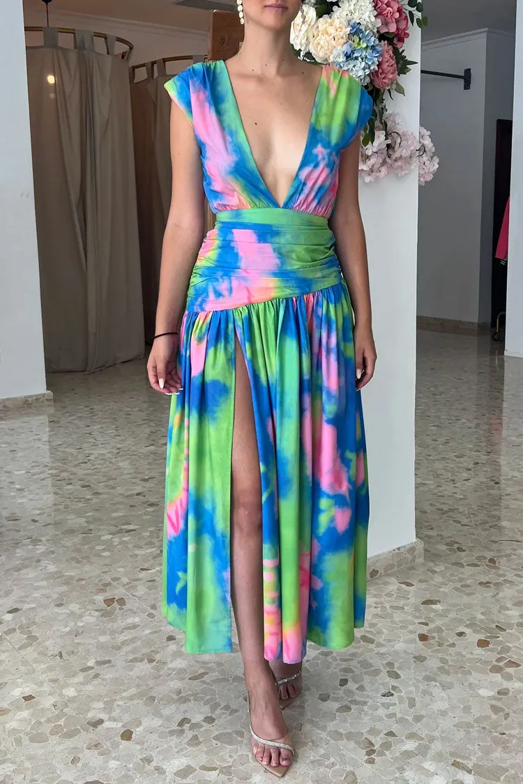 Colorful Tie Dye Deep V Wrap Waist Ruched High Split Formal Maxi Dress - Multicolor