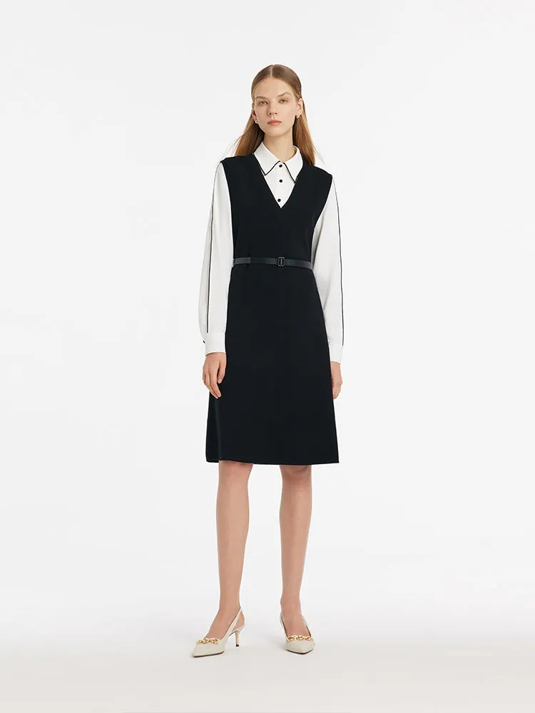 Contrast Trim Shirt And Knitted Vest Dress Two-Piece Set