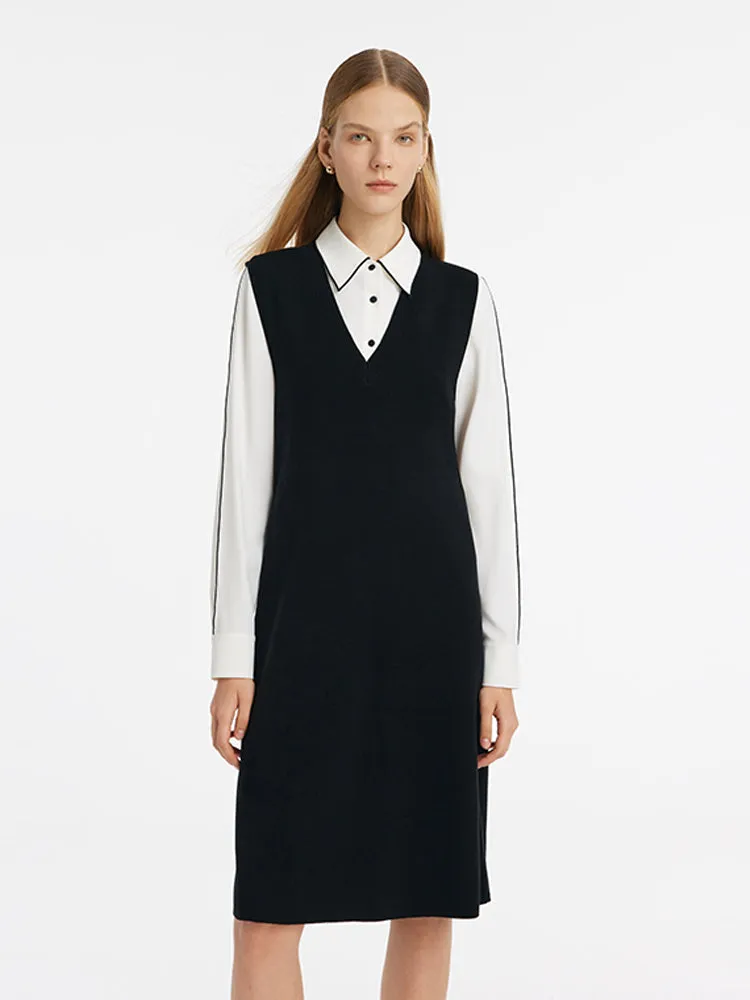 Contrast Trim Shirt And Knitted Vest Dress Two-Piece Set