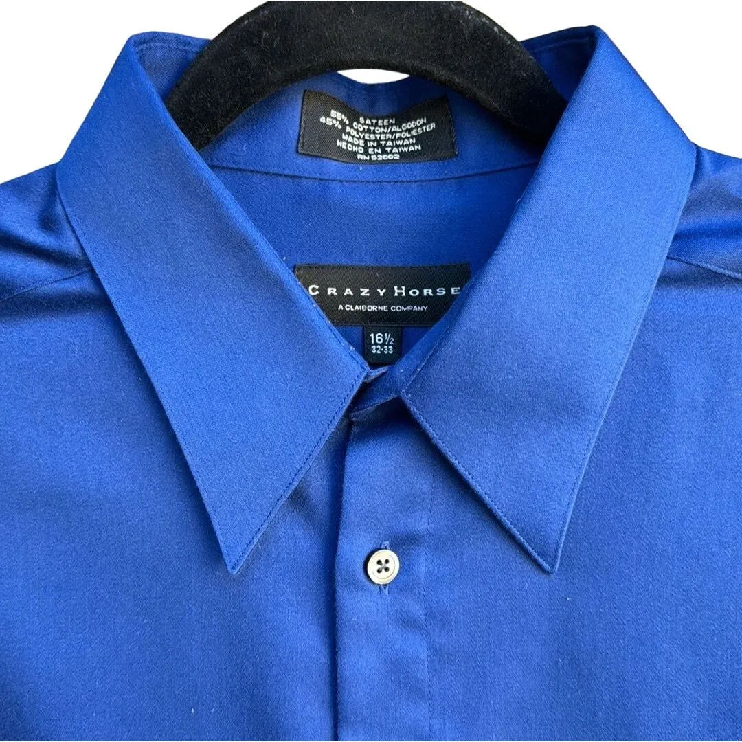 Crazy Horse Liz Claiborne Men's Royal Blue Sateen Button-Up Shirt Long Sleeve