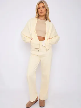 Cream Bomber Style Jacket & Wide Leg Bottoms Co-ord Loungewear Set