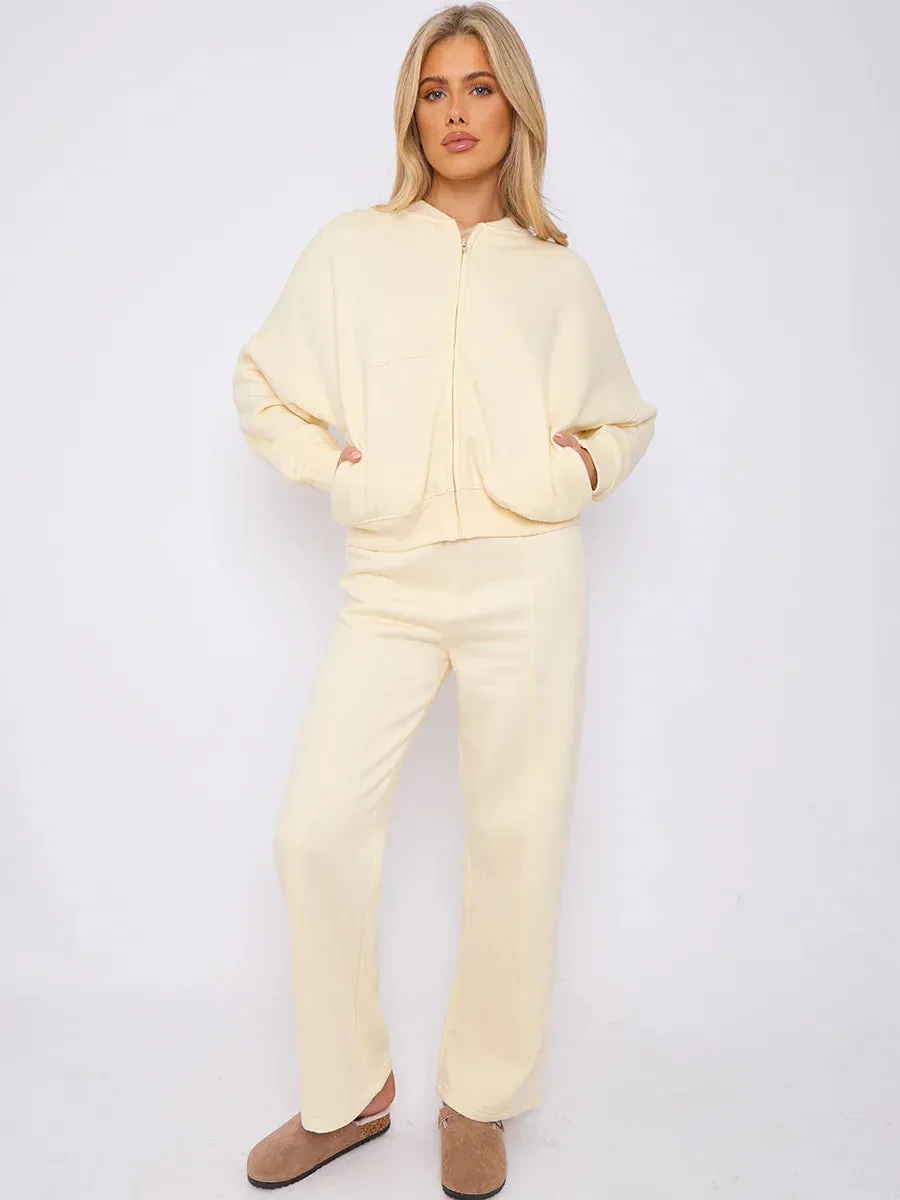 Cream Bomber Style Jacket & Wide Leg Bottoms Co-ord Loungewear Set