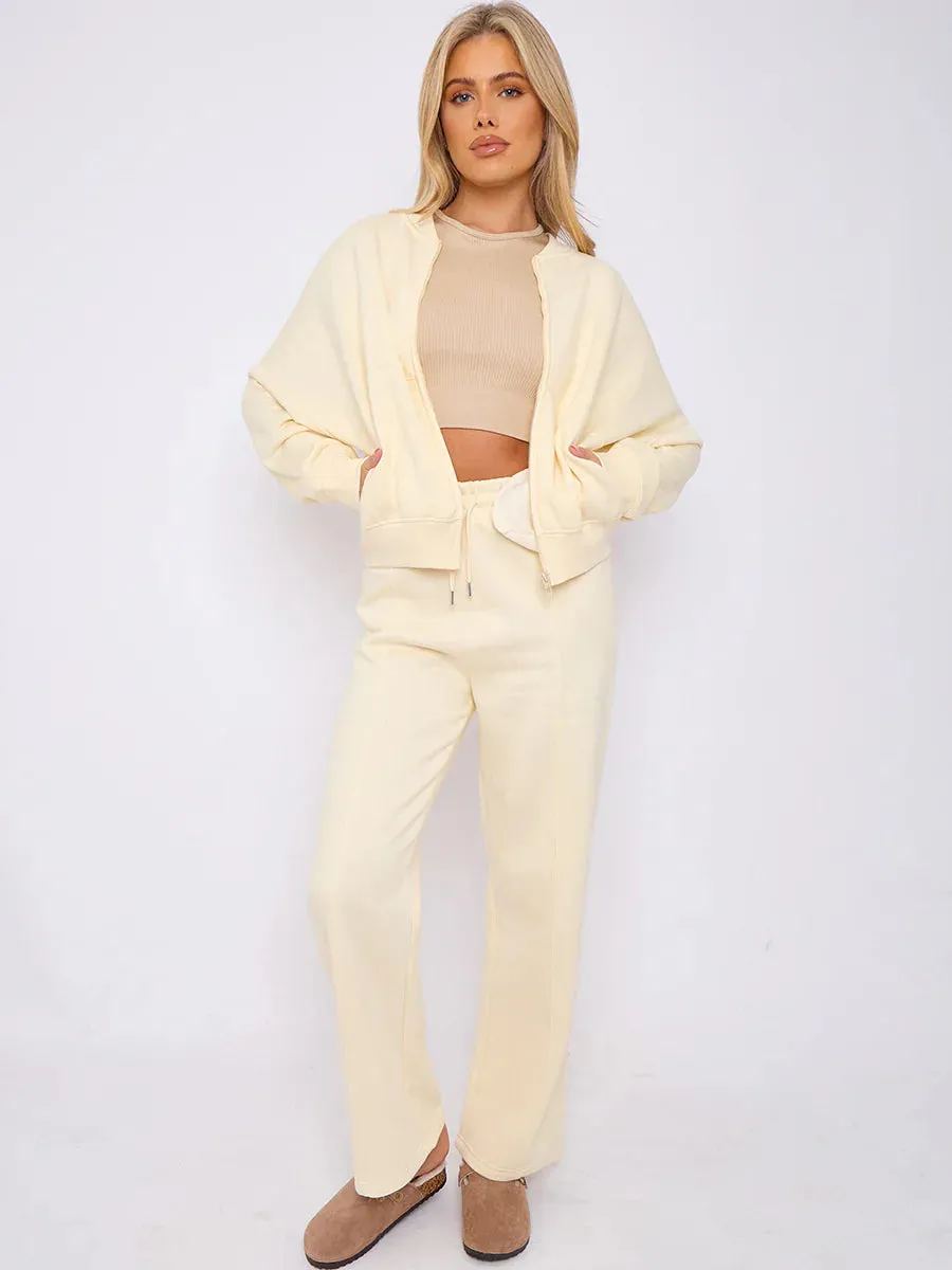 Cream Bomber Style Jacket & Wide Leg Bottoms Co-ord Loungewear Set