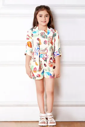 Cream with Multicolor Digital Print Overcoat Styled with Shorts Co-ord Set for Girls