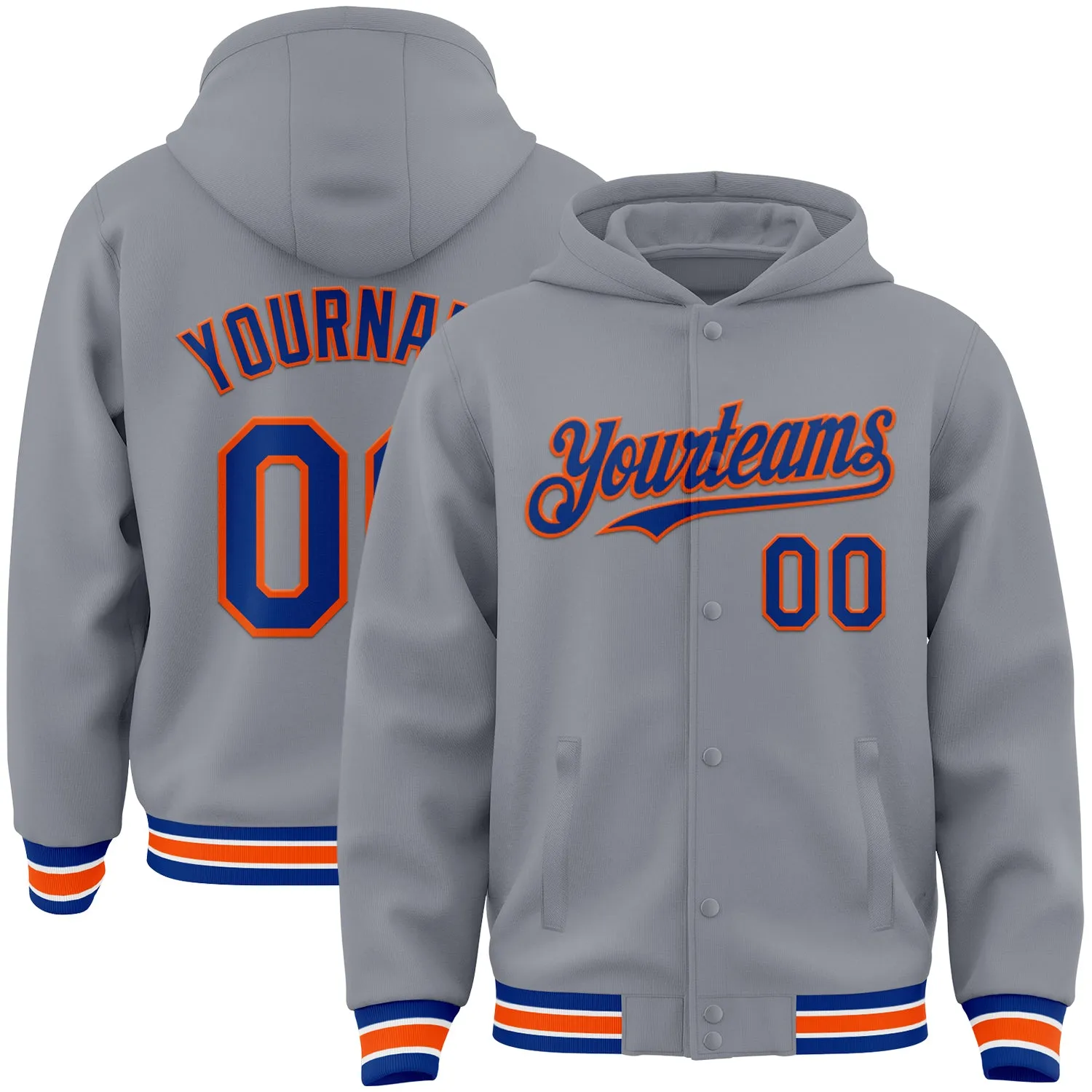 Custom Gray Royal-Orange Bomber Full-Snap Varsity Letterman Hoodie Jacket