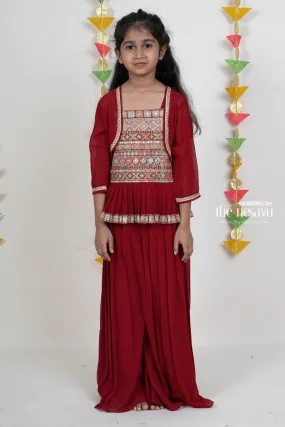 Dark Red Embroidery Pleated Georgette Palazzo Suit For Girls