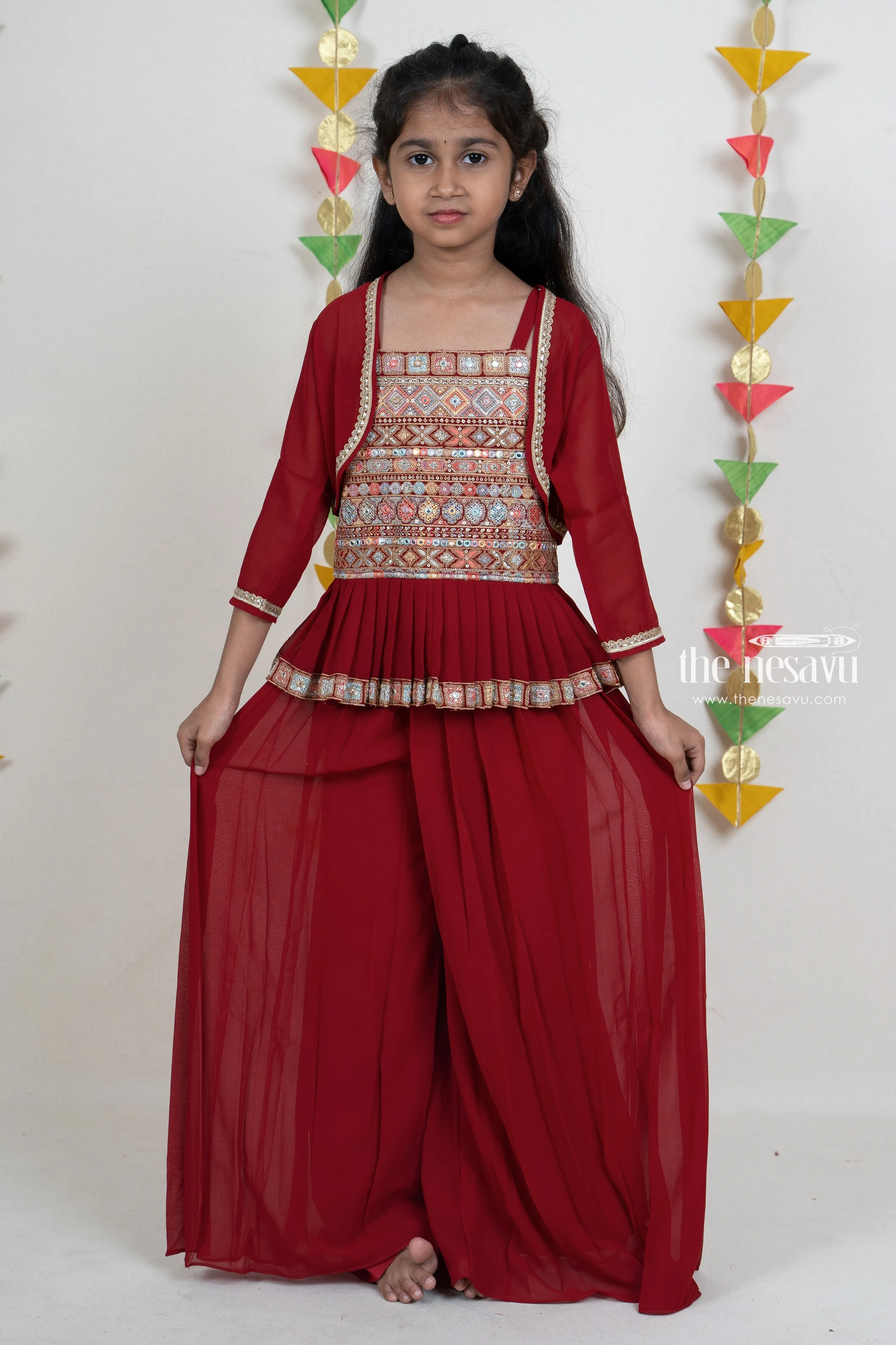 Dark Red Embroidery Pleated Georgette Palazzo Suit For Girls