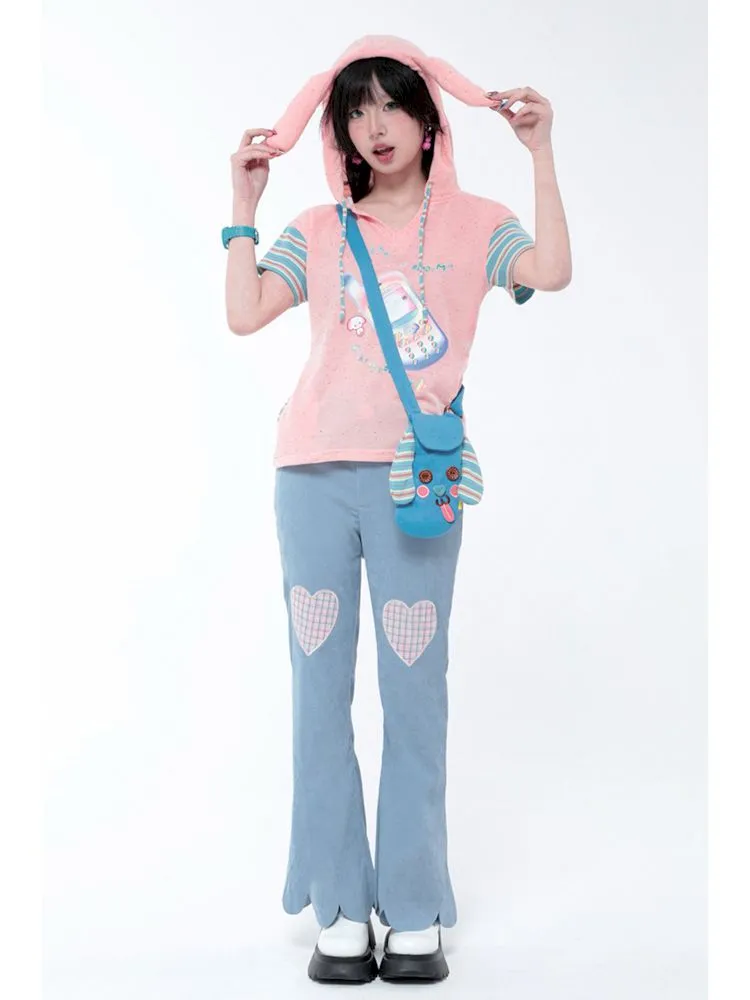 Dopamine Thin Corduroy Love Collage Blue Petal Flared Pants【s0000006564】