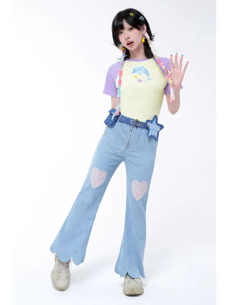 Dopamine Thin Corduroy Love Collage Blue Petal Flared Pants【s0000006564】