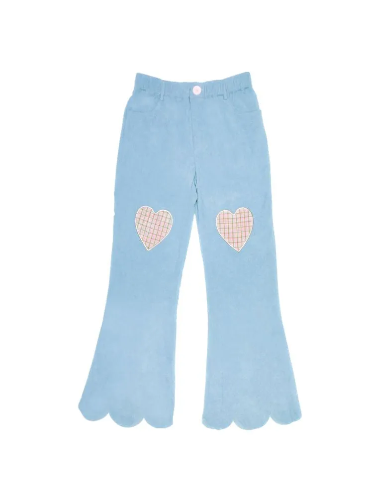 Dopamine Thin Corduroy Love Collage Blue Petal Flared Pants【s0000006564】