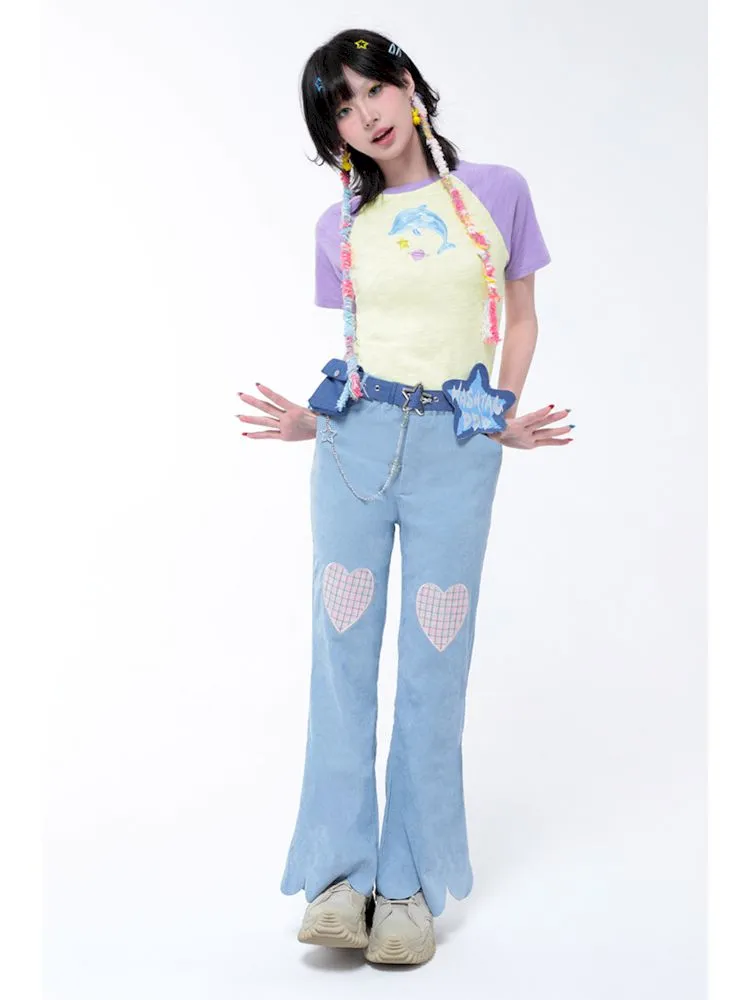 Dopamine Thin Corduroy Love Collage Blue Petal Flared Pants【s0000006564】