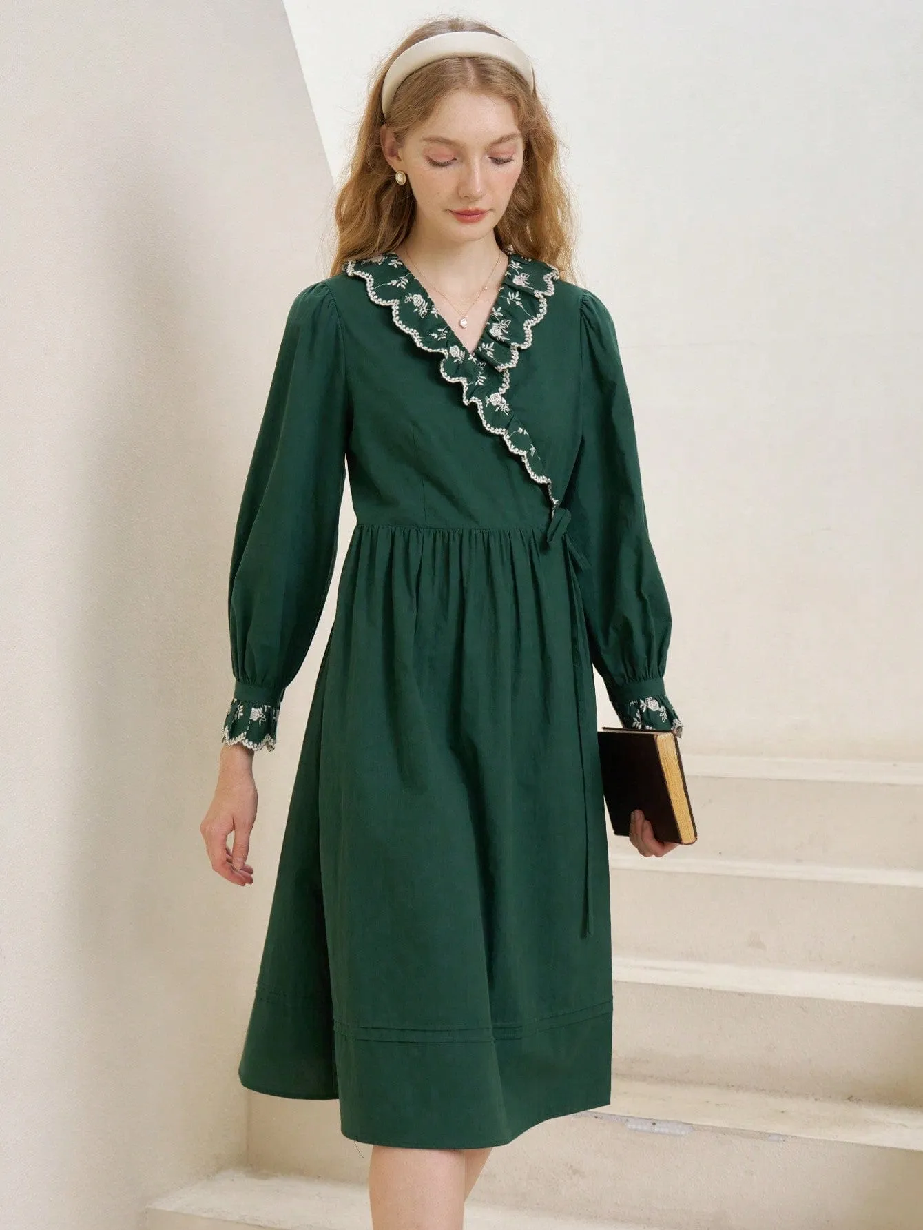 Emeraldine Green Floral Embroidery Ruffle Trim Knot Side Wrap Dress