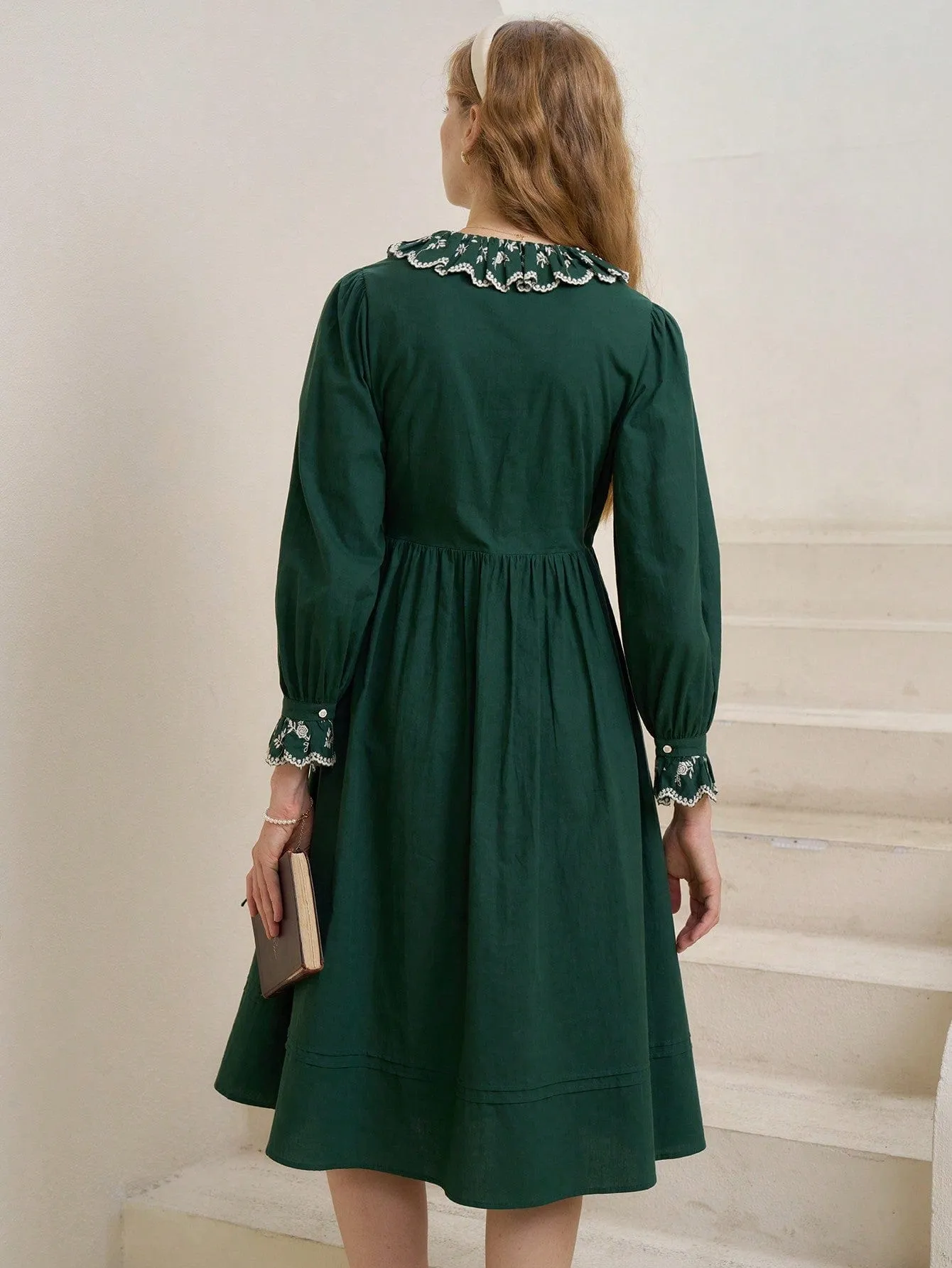 Emeraldine Green Floral Embroidery Ruffle Trim Knot Side Wrap Dress