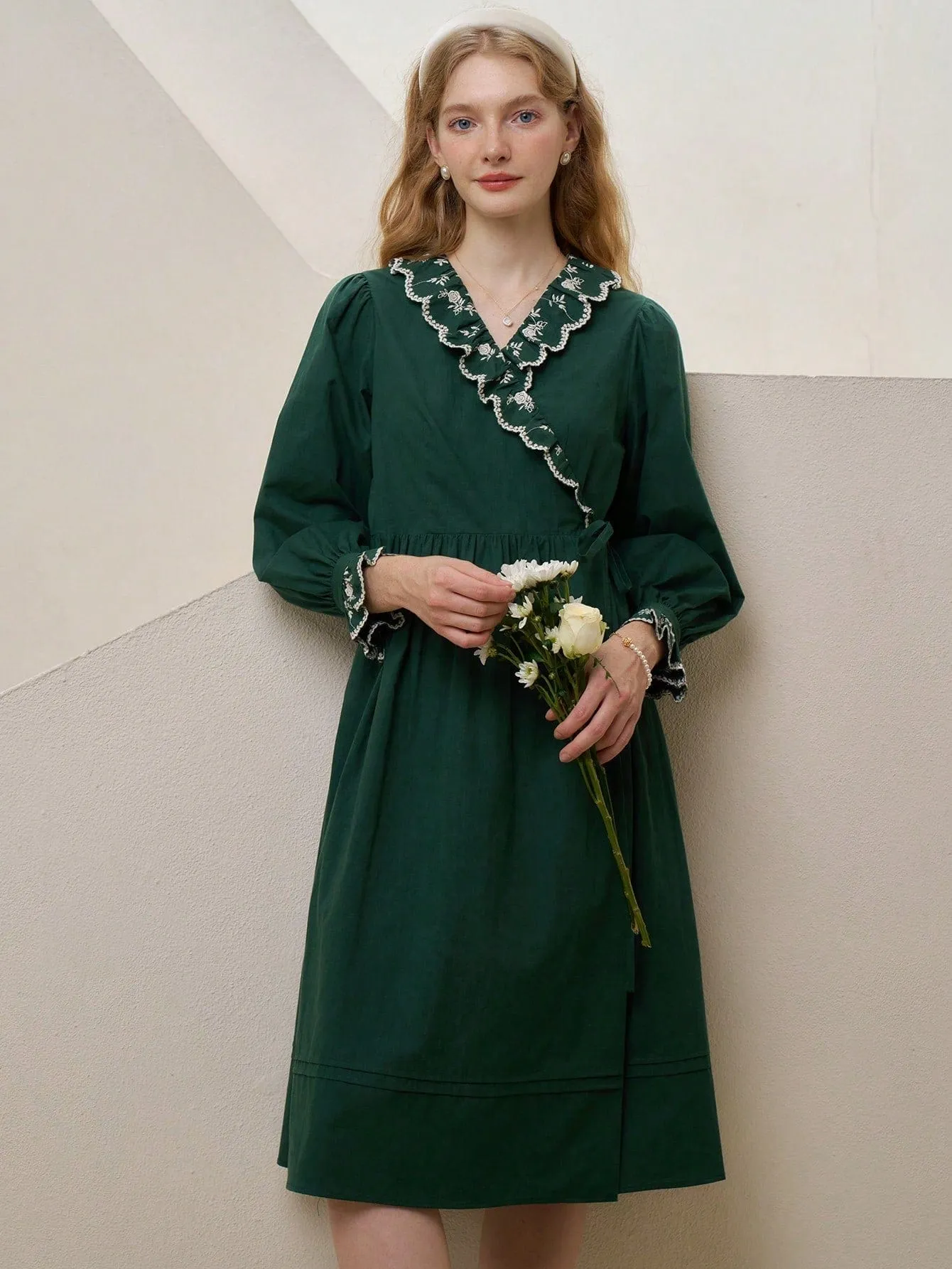 Emeraldine Green Floral Embroidery Ruffle Trim Knot Side Wrap Dress