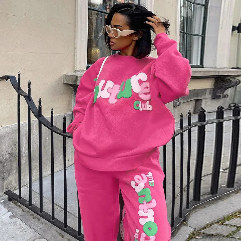 English Printing Sweatshirt And Sweatpants Suit Loose Two-piece Suit