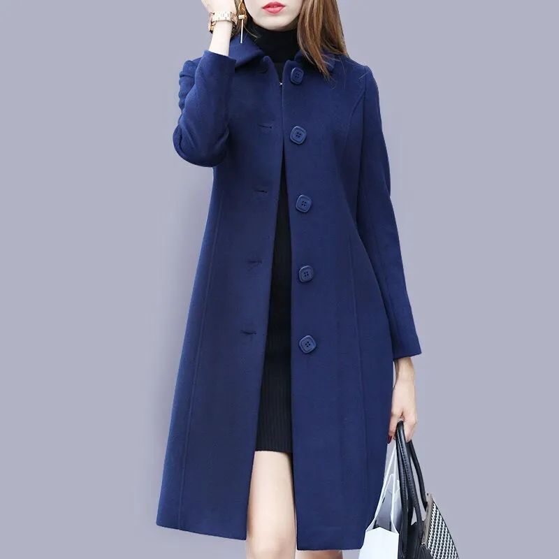 Fashion Wool Coat Mid Length Single Breasted Slim Blended Woolen Overcoat