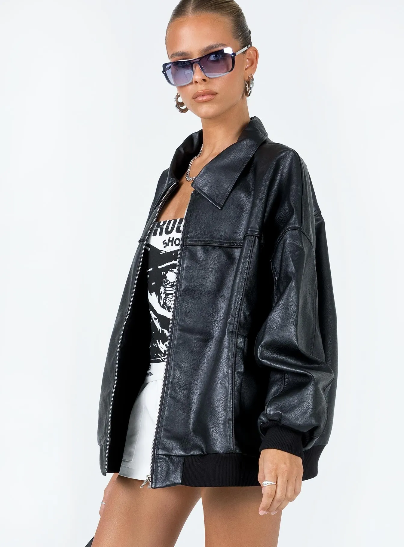 Fashionkova Goldsmith Faux Leather Bomber Jacket Black