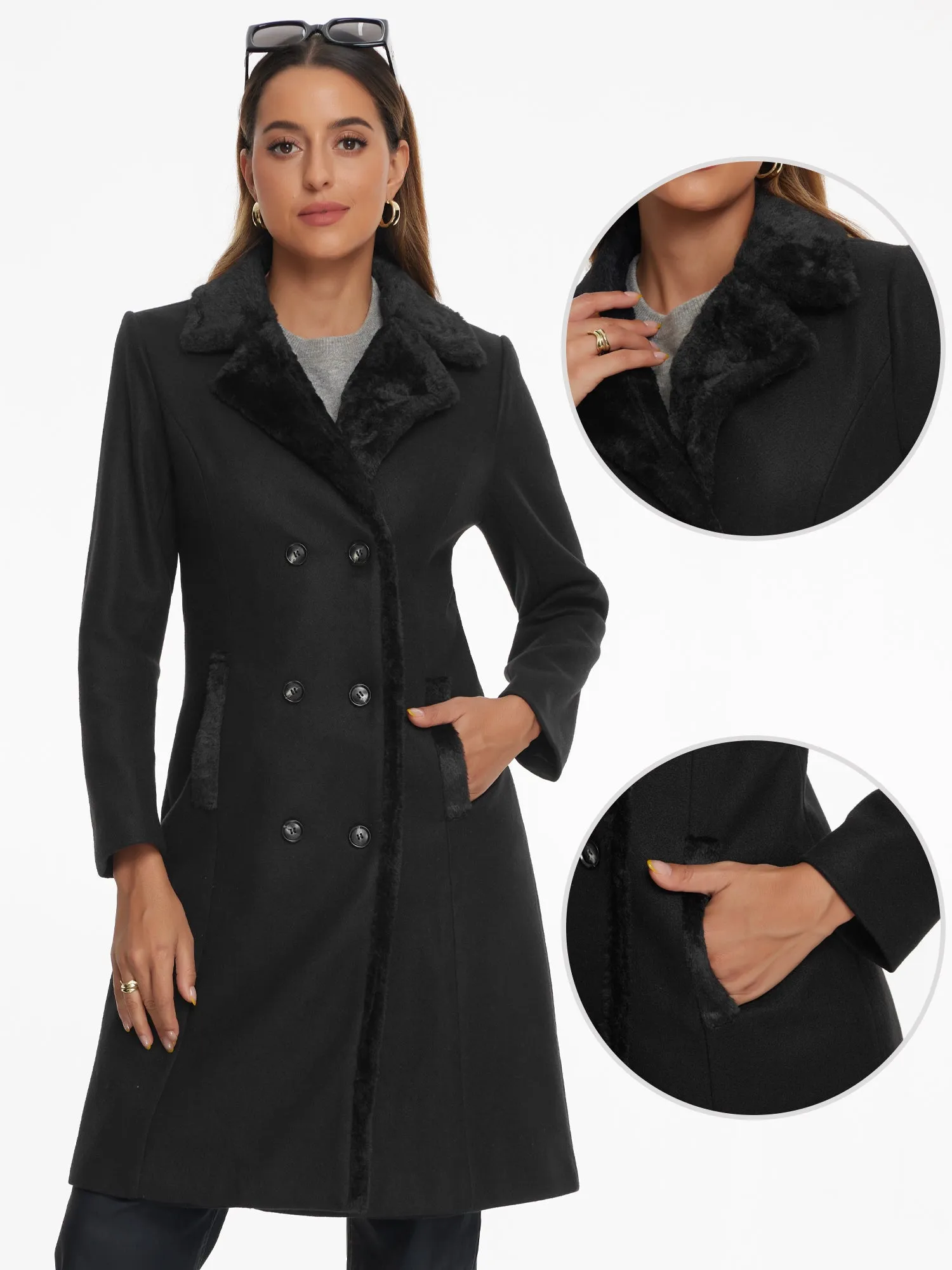 Faux Fur Lapel Double-Breasted Winter Warm Pea Coats