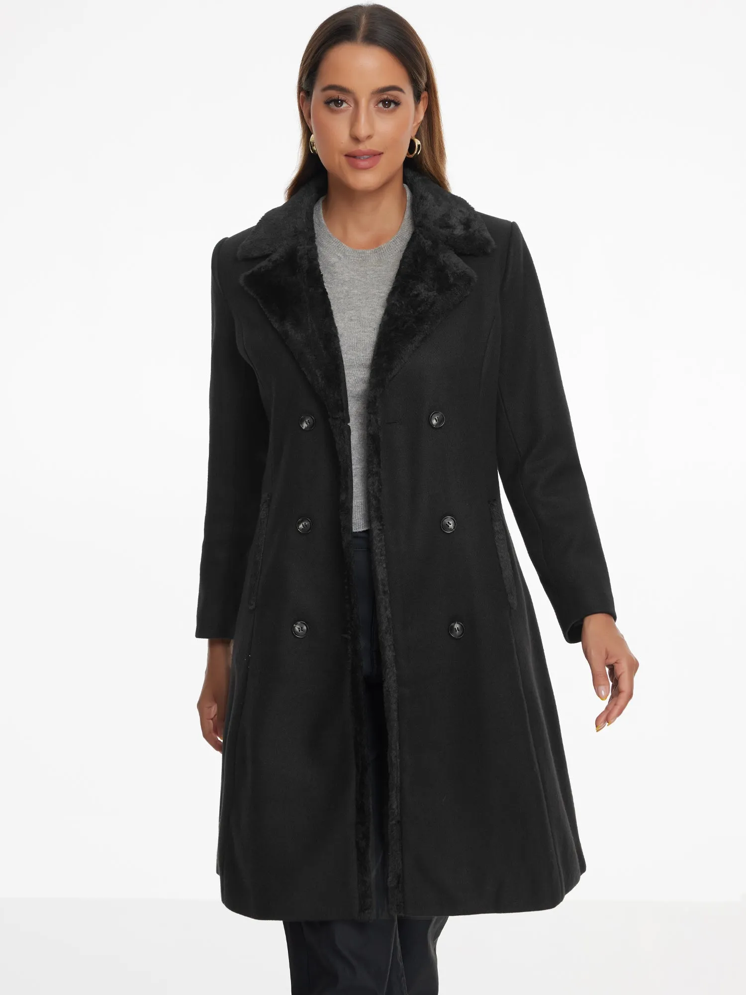 Faux Fur Lapel Double-Breasted Winter Warm Pea Coats