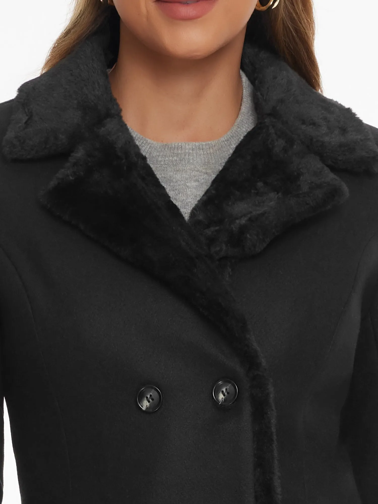 Faux Fur Lapel Double-Breasted Winter Warm Pea Coats