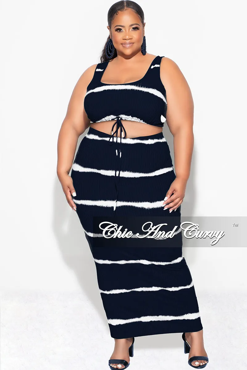 Final Sale Plus Size Ribbed 2pc Crop Drawstring Top and Pencil Skirt in Black and White