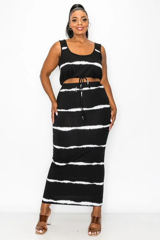 Final Sale Plus Size Ribbed 2pc Crop Drawstring Top and Pencil Skirt in Black and White