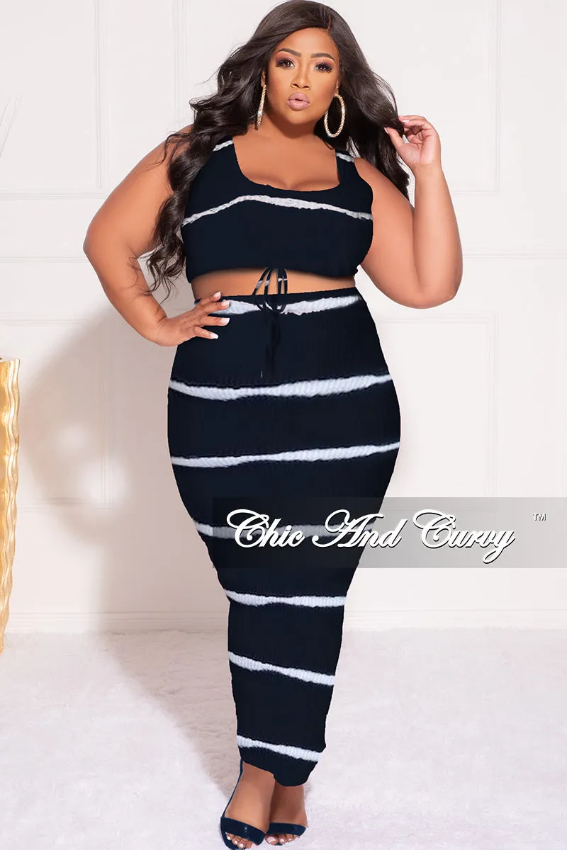 Final Sale Plus Size Ribbed 2pc Crop Drawstring Top and Pencil Skirt in Black and White