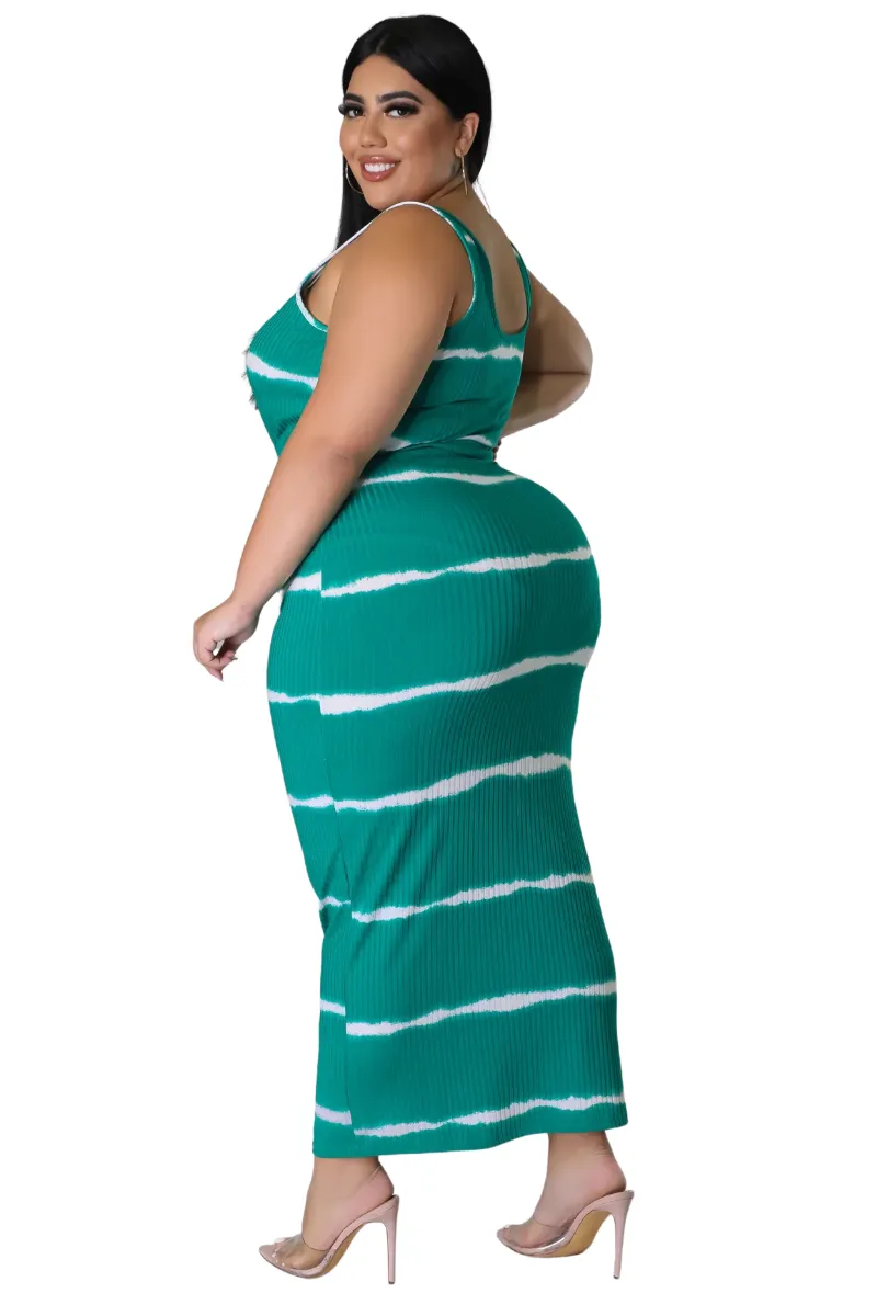 Final Sale Plus Size Ribbed 2pc Crop Drawstring Top and Pencil Skirt Set in Green and White Stripe Print