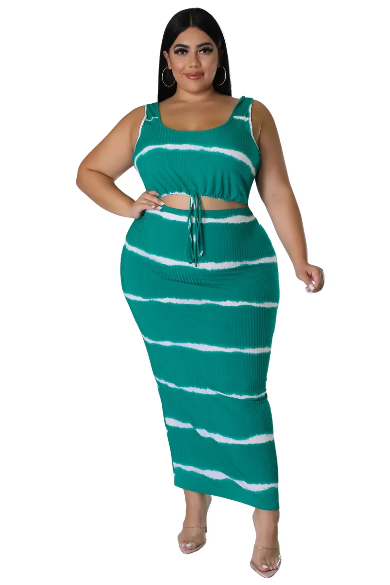 Final Sale Plus Size Ribbed 2pc Crop Drawstring Top and Pencil Skirt Set in Green and White Stripe Print