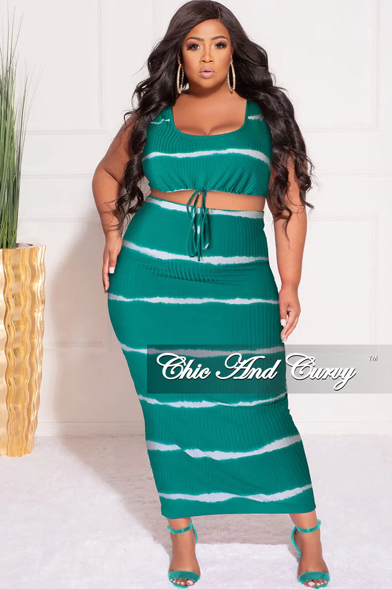 Final Sale Plus Size Ribbed 2pc Crop Drawstring Top and Pencil Skirt Set in Green and White Stripe Print